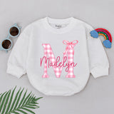 Personalized Madelyn Pink Gingham Bow Romper Baby Girl 1st Birthday Outfit Charming Bodysuit Gift Playful Bubble Style Soft Cotton