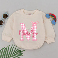 Personalized Madelyn Pink Gingham Bow Romper Baby Girl 1st Birthday Outfit Charming Bodysuit Gift Playful Bubble Style Soft Cotton