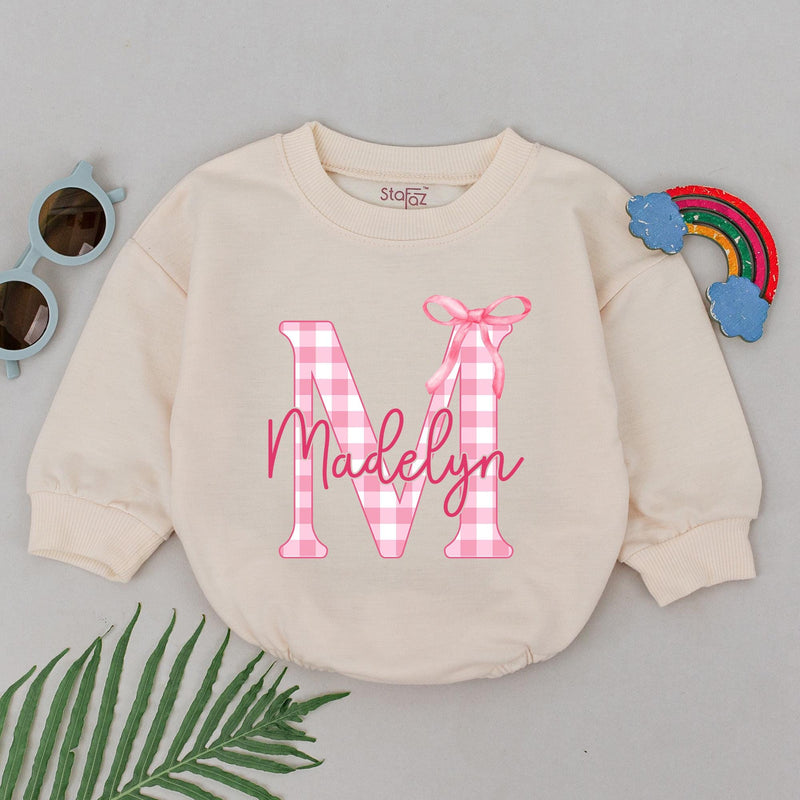Personalized Madelyn Pink Gingham Bow Romper Baby Girl 1st Birthday Outfit Charming Bodysuit Gift Playful Bubble Style Soft Cotton