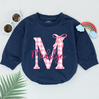 Personalized Madelyn Pink Gingham Bow Romper Baby Girl 1st Birthday Outfit Charming Bodysuit Gift Playful Bubble Style Soft Cotton