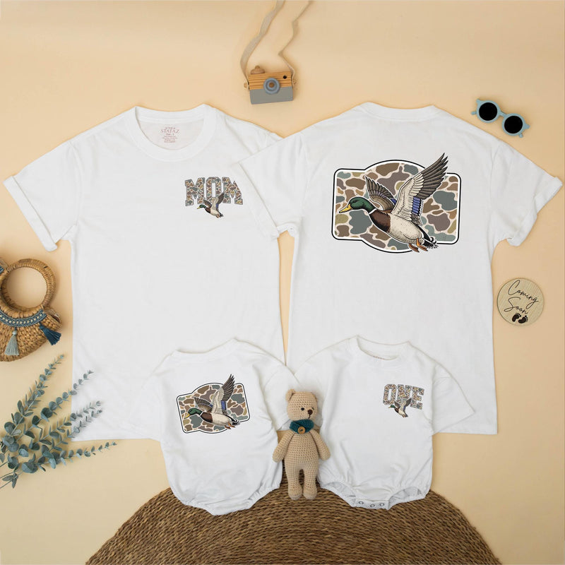 Personalized Mallard Duck 1st Birthday Shirts Rustic Hunting Family Outfit Custom Camouflage Design Baby Toddler Party Clothes First Gift