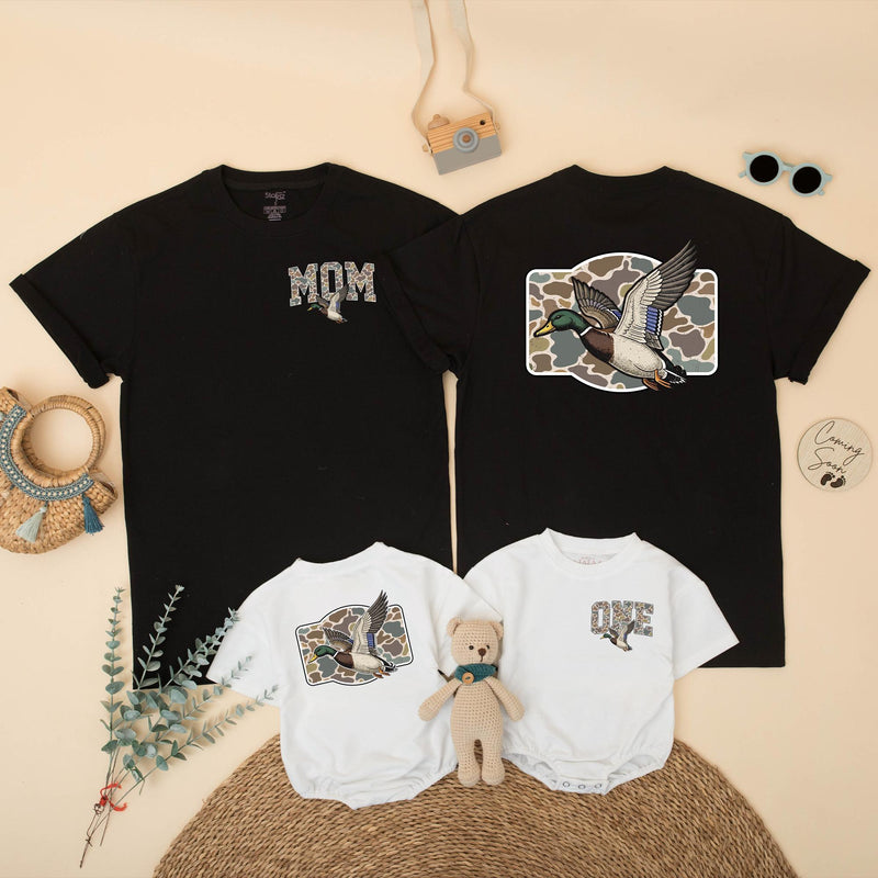 Personalized Mallard Duck 1st Birthday Shirts Rustic Hunting Family Outfit Custom Camouflage Design Baby Toddler Party Clothes First Gift