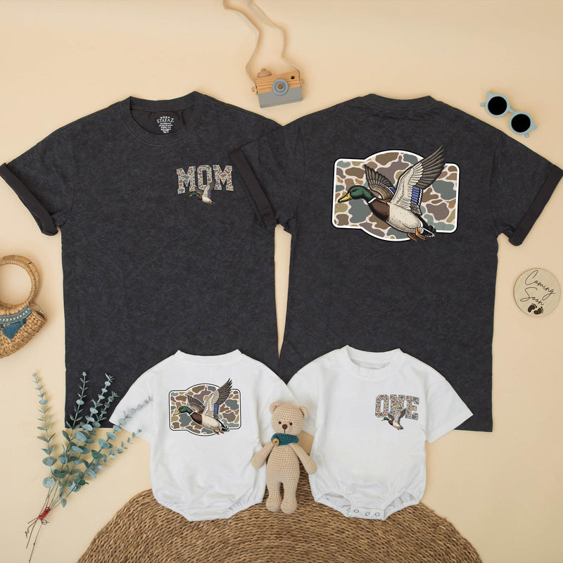 Personalized Mallard Duck 1st Birthday Shirts Rustic Hunting Family Outfit Custom Camouflage Design Baby Toddler Party Clothes First Gift