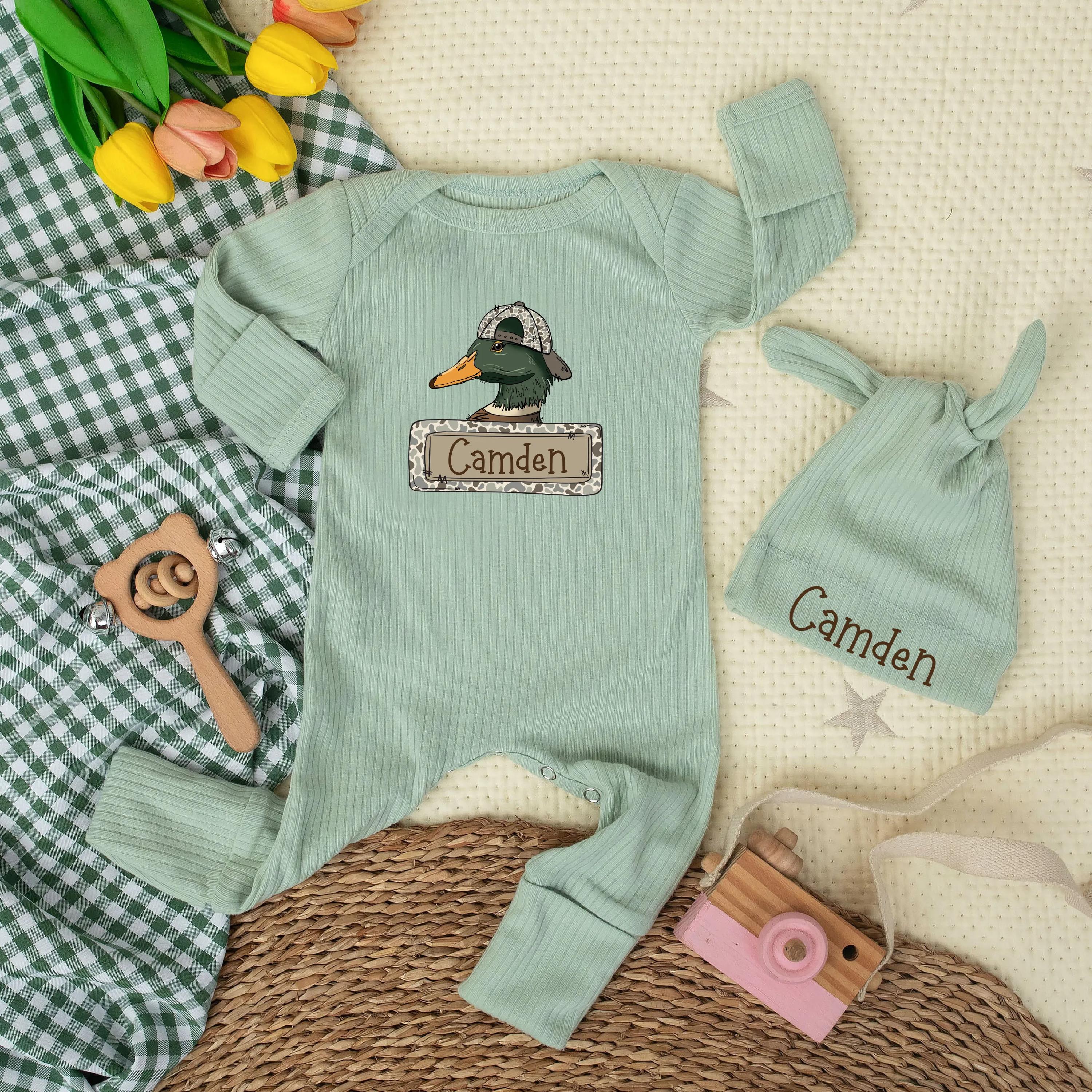 Personalized Mallard Duck Baby Bodysuit with Camden Nameplate Soft Cotton Custom Hunting Infant Romper Baby Shower Gift Rustic Design