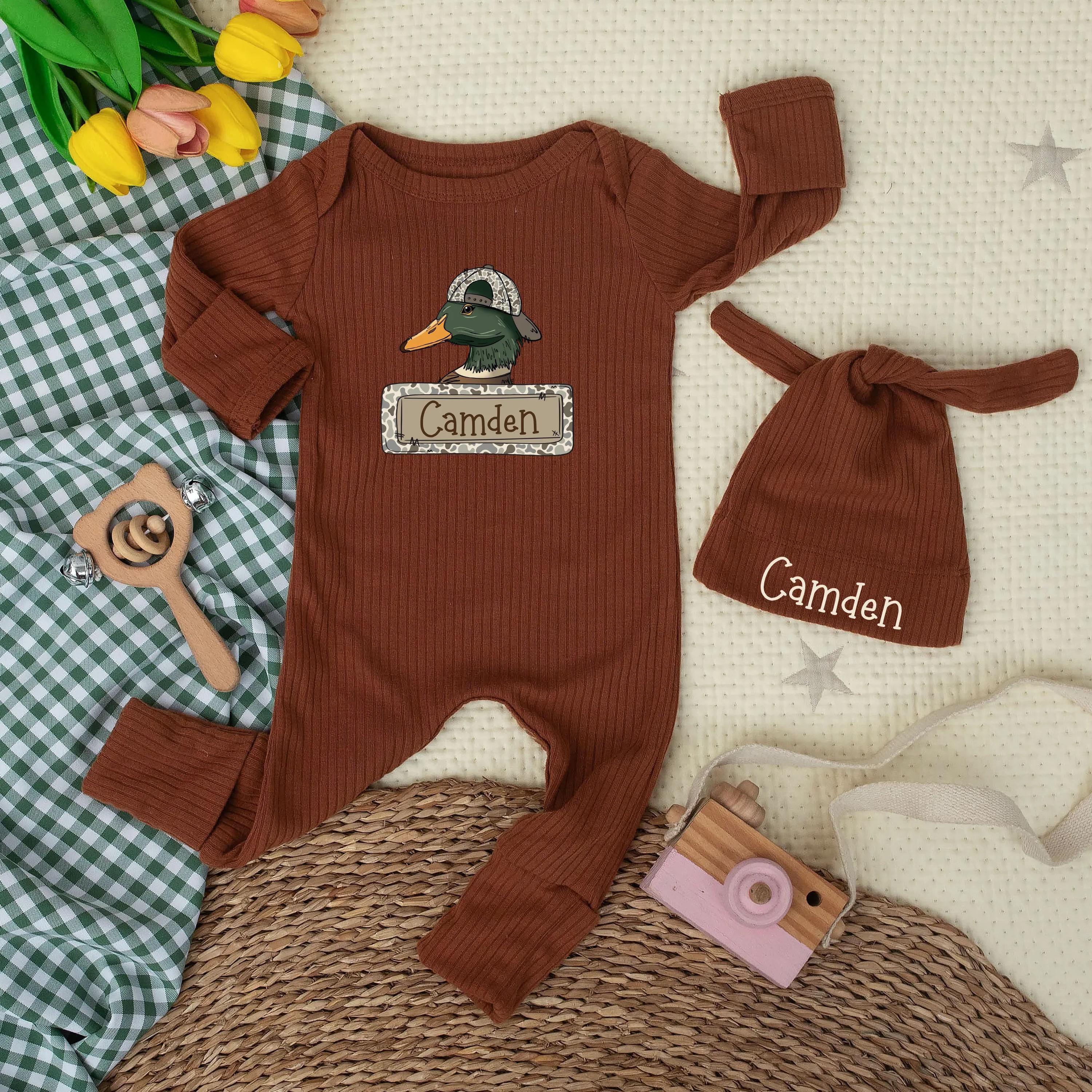 Personalized Mallard Duck Baby Bodysuit with Camden Nameplate Soft Cotton Custom Hunting Infant Romper Baby Shower Gift Rustic Design