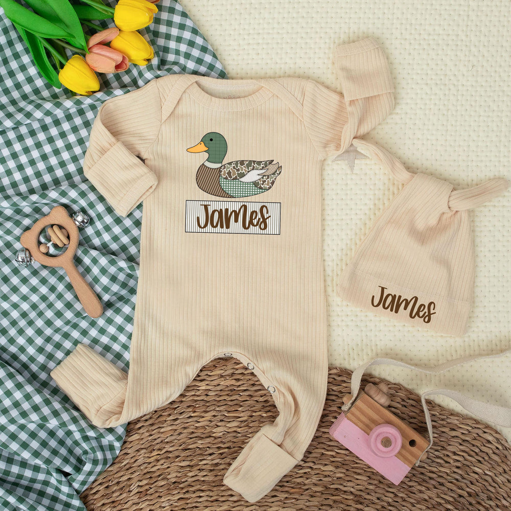 Personalized Mallard Duck Baby Bodysuit with Custom Name Rustic Outfit for Boys Coming Home Gift Comfortable Cotton Newborn Romper