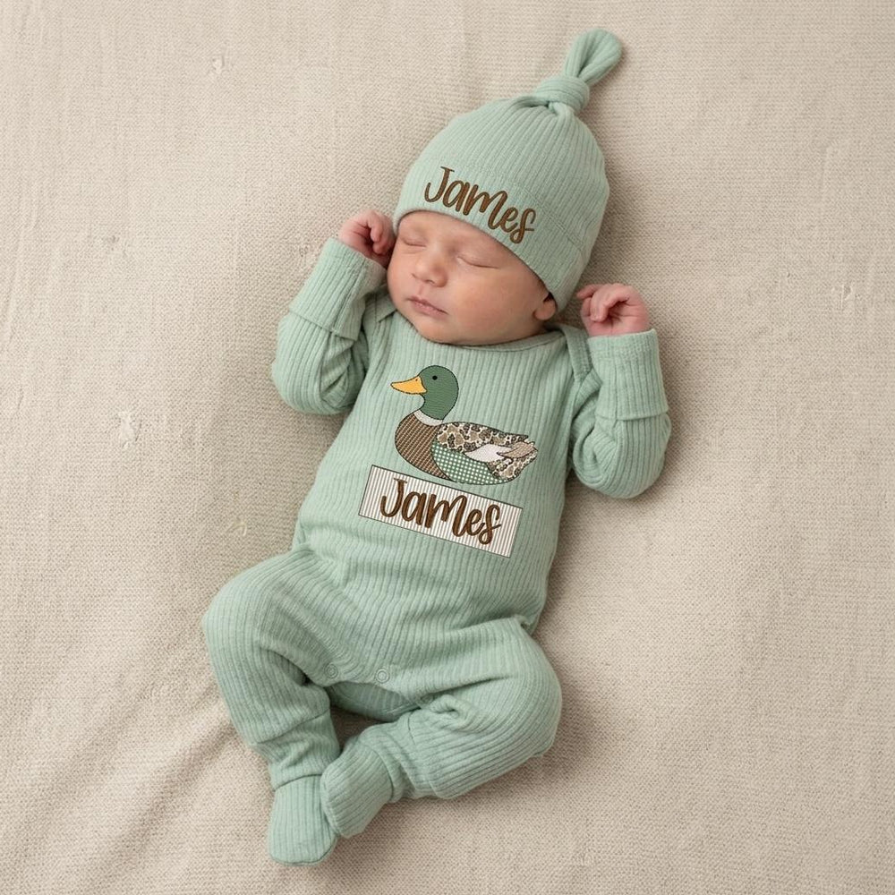 Personalized Mallard Duck Baby Bodysuit with Custom Name Rustic Outfit for Boys Coming Home Gift Comfortable Cotton Newborn Romper