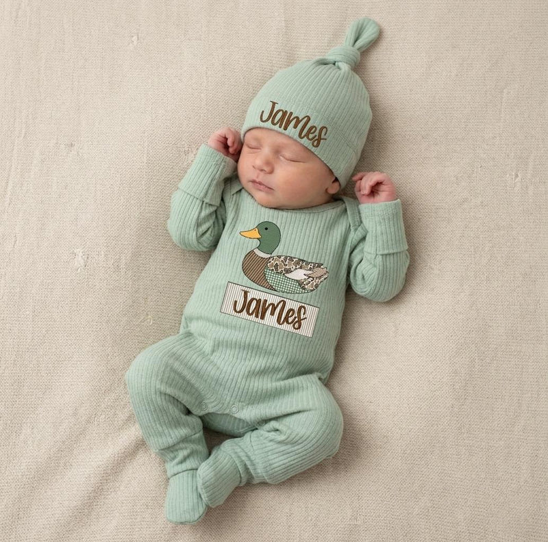 Personalized Mallard Duck Baby Bodysuit with Custom Name Rustic Outfit for Boys Coming Home Gift Comfortable Cotton Newborn Romper
