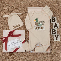Personalized Mallard Duck Baby Bodysuit with Custom Name Rustic Outfit for Boys Coming Home Gift Comfortable Cotton Newborn Romper