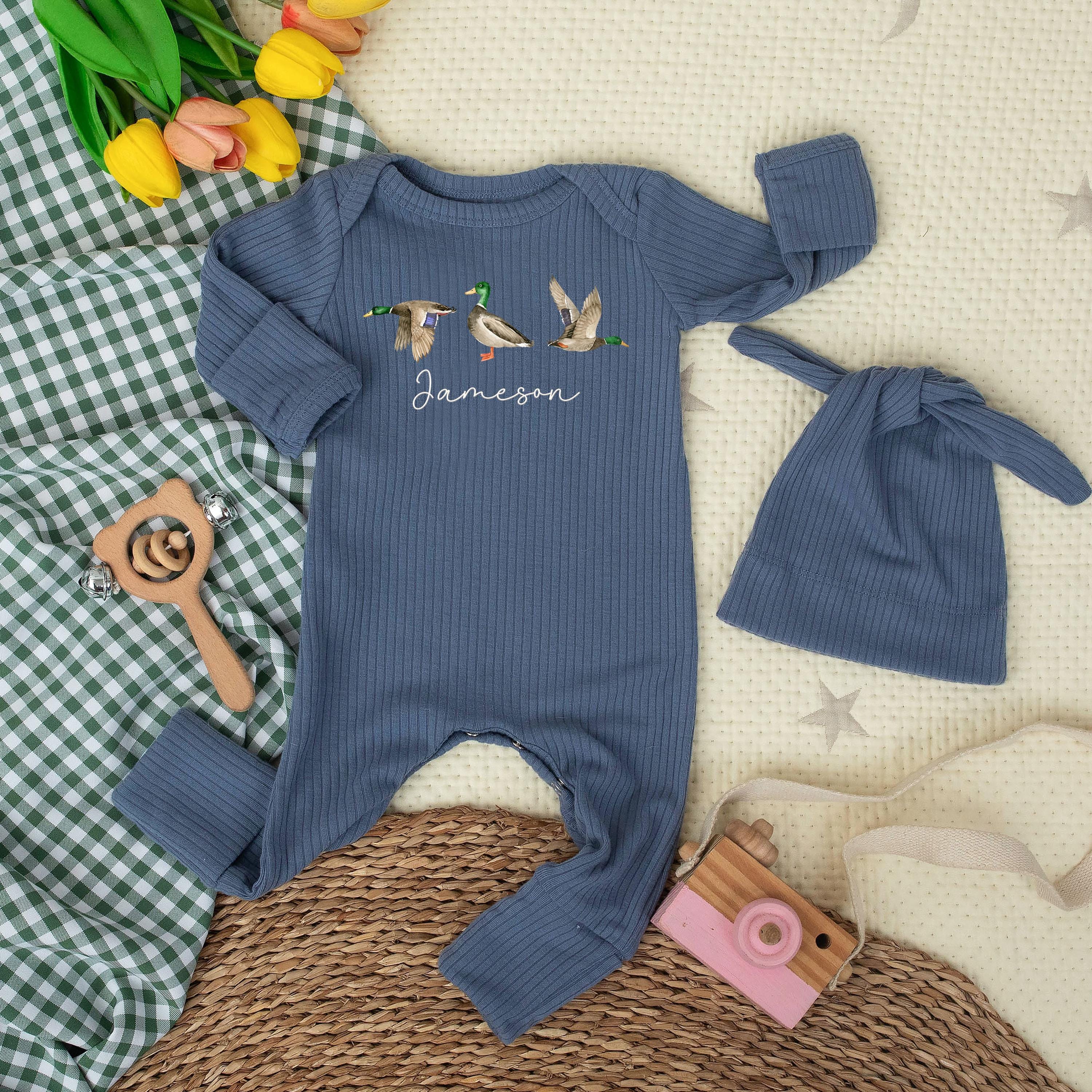 Personalized Mallard Duck Baby Bodysuit with Custom Name, Soft Cotton Newborn Outfit, Rustic Hunting Baby Clothes, Unique Baby Shower Gift