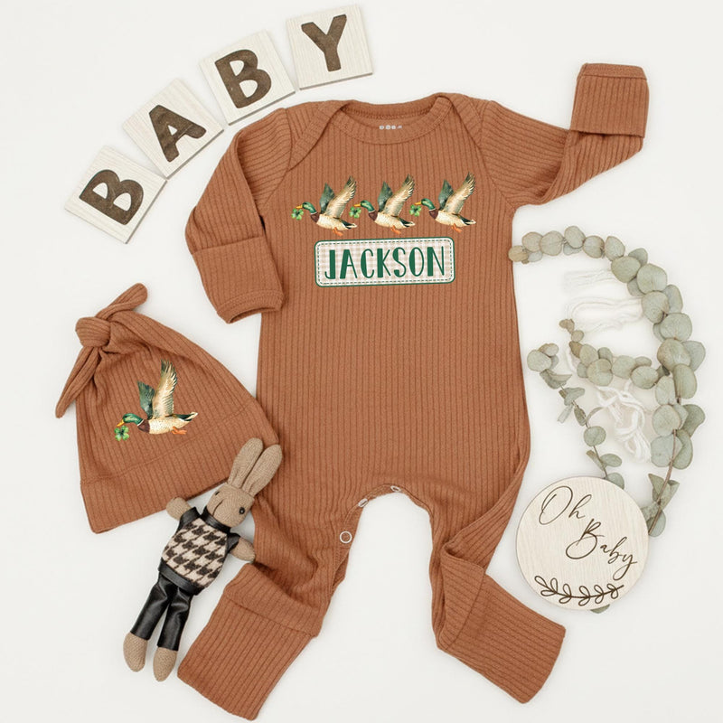 Personalized Mallard Duck Baby Bodysuit and Hat Set with Custom Name Rustic Watercolor Design Soft Cotton Outfit for Boys or Girls