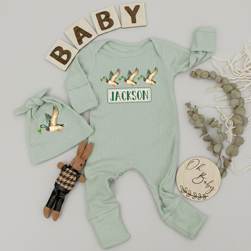 Personalized Mallard Duck Baby Bodysuit and Hat Set with Custom Name Rustic Watercolor Design Soft Cotton Outfit for Boys or Girls