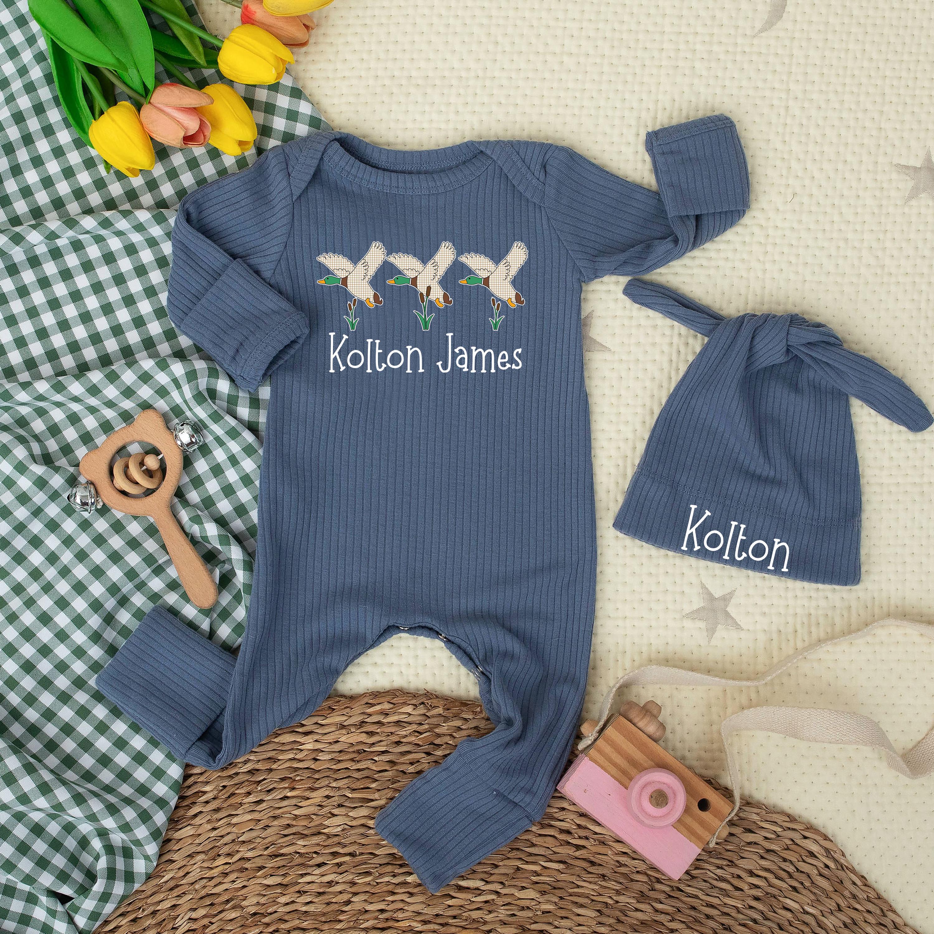 Personalized Mallard Duck Baby Bodysuit with Kolton James Name, Soft Cotton Hunting Romper, Custom Outfit for Boys Newborn Gift Design