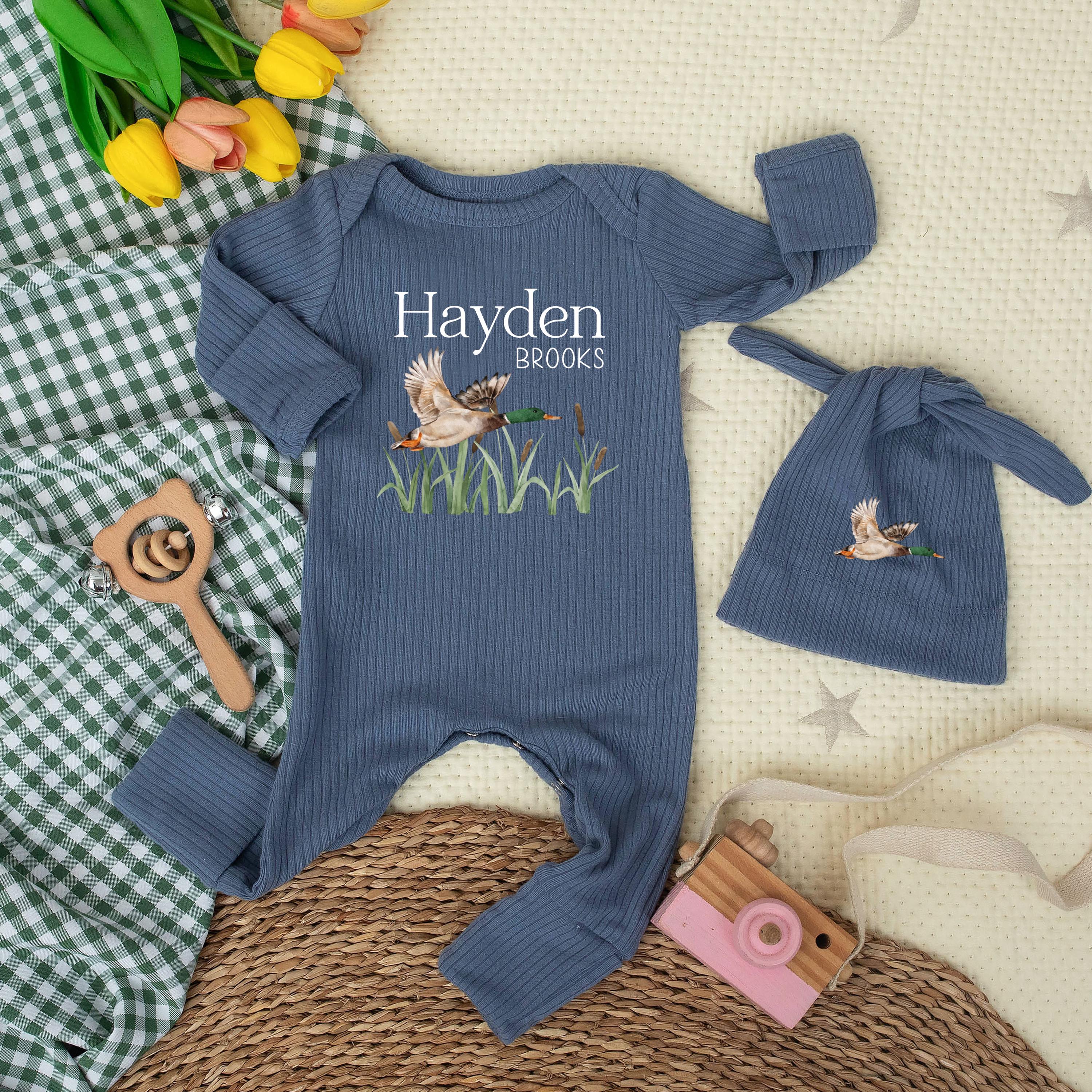 Personalized Mallard Duck Baby Bodysuit with Name, Soft Cotton Newborn Outfit for Hunting-Themed Baby Shower or Coming Home Gift
