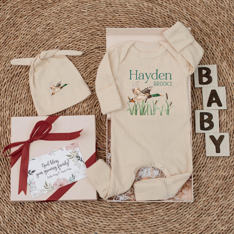 Personalized Mallard Duck Baby Bodysuit with Name, Soft Cotton Newborn Outfit for Hunting-Themed Baby Shower or Coming Home Gift