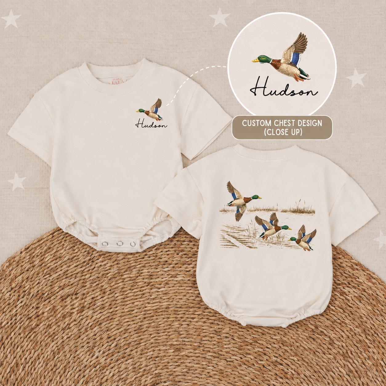 Personalized Mallard Duck Baby Romper with Custom Name Rustic Wildlife Design Hunting Buddy Outfit Soft Cotton for Boys or Toddlers