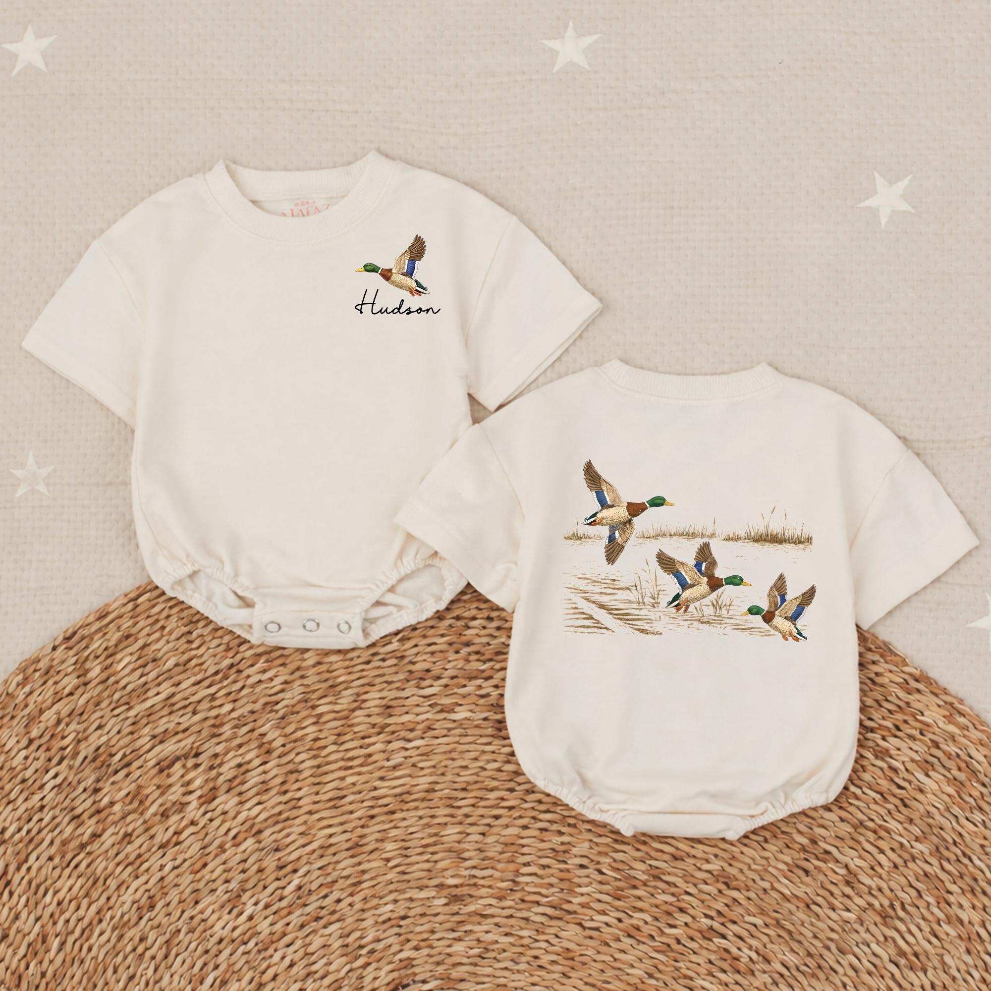 Personalized Mallard Duck Baby Romper with Custom Name Rustic Wildlife Design Hunting Buddy Outfit Soft Cotton for Boys or Toddlers