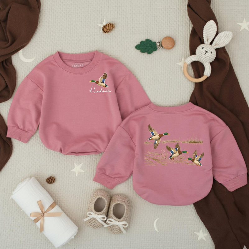Personalized Mallard Duck Baby Romper with Custom Name, Long Sleeve Hunting Outfit for Baby Boy, Soft Cotton Fall Baby Shower Gift
