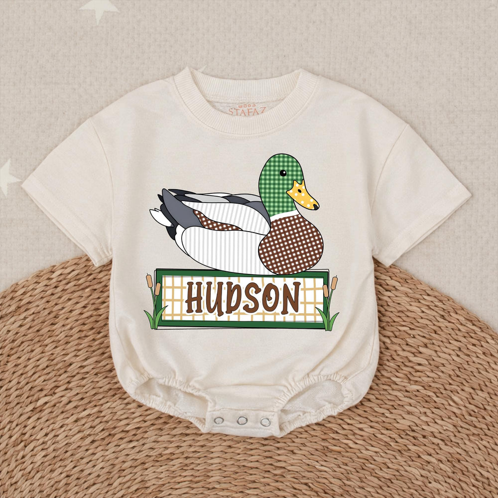 Personalized Mallard Duck Baby Romper with Custom Name Soft Cotton Outfit for Boys Hunting Season Gift Cute Patchwork Graphic Design
