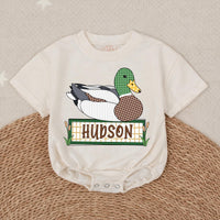 Personalized Mallard Duck Baby Romper with Custom Name Soft Cotton Outfit for Boys Hunting Season Gift Cute Patchwork Graphic Design