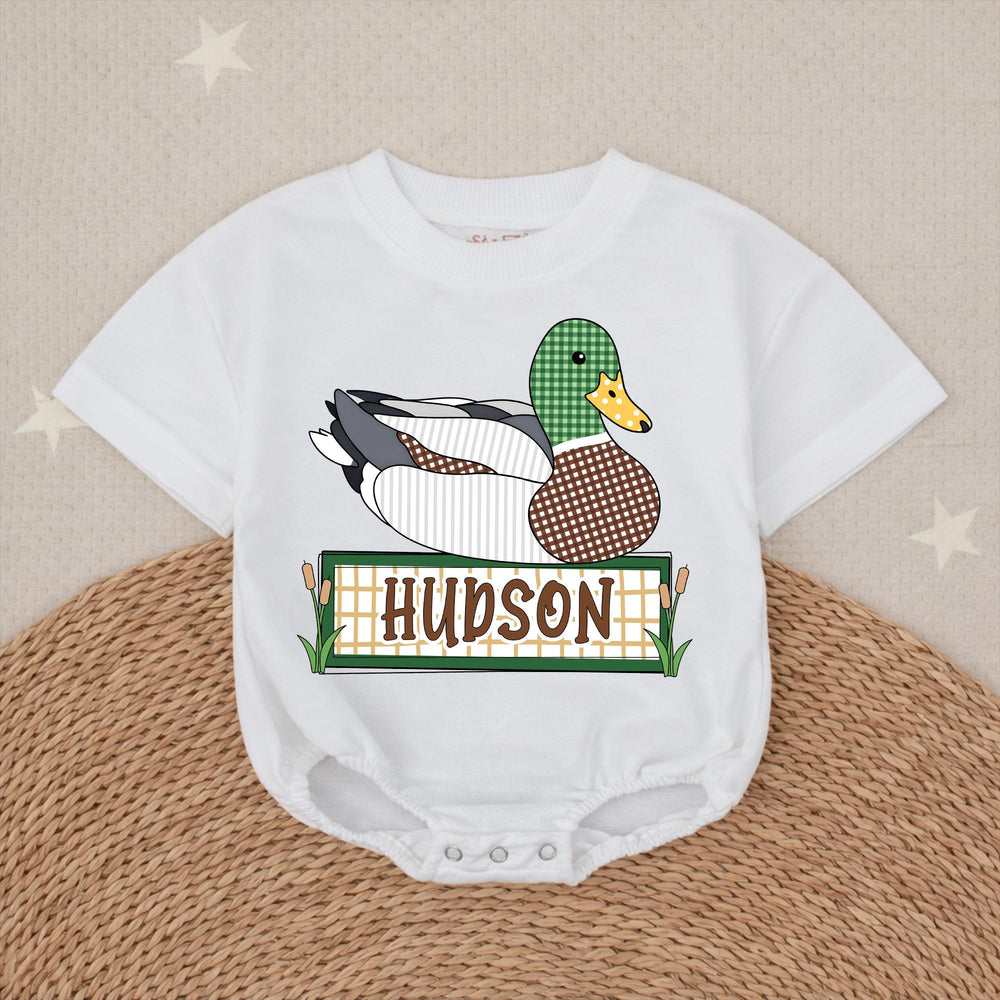 Personalized Mallard Duck Baby Romper with Custom Name Soft Cotton Outfit for Boys Hunting Season Gift Cute Patchwork Graphic Design