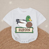 Personalized Mallard Duck Baby Romper with Custom Name Soft Cotton Outfit for Boys Hunting Season Gift Cute Patchwork Graphic Design
