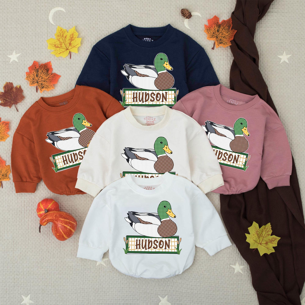 Personalized Mallard Duck Baby Romper with Custom Name Soft Cotton Outfit for Boys Hunting Season Gift Cute Patchwork Graphic Design
