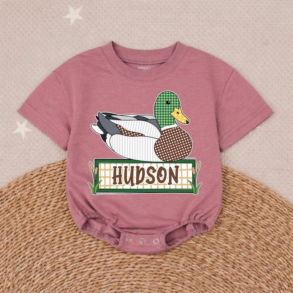 Personalized Mallard Duck Baby Romper with Custom Name Soft Cotton Outfit for Boys Hunting Season Gift Cute Patchwork Graphic Design