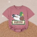 Personalized Mallard Duck Baby Romper with Custom Name Soft Cotton Outfit for Boys Hunting Season Gift Cute Patchwork Graphic Design