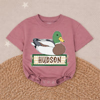 Personalized Mallard Duck Baby Romper with Custom Name Soft Cotton Outfit for Boys Hunting Season Gift Cute Patchwork Graphic Design