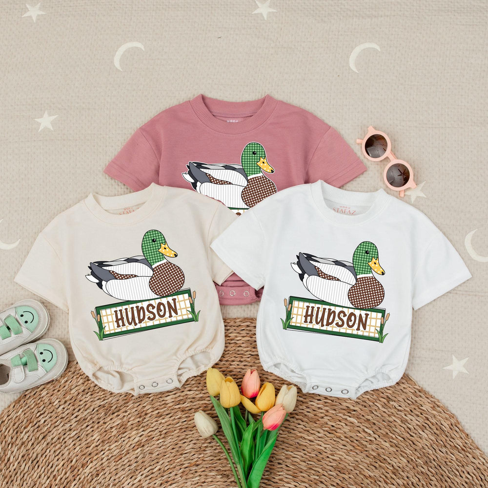 Personalized Mallard Duck Baby Romper with Custom Name Soft Cotton Outfit for Boys Hunting Season Gift Cute Patchwork Graphic Design
