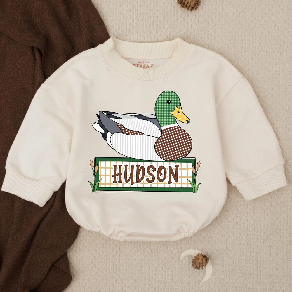 Personalized Mallard Duck Baby Romper with Custom Name Soft Cotton Outfit for Boys Hunting Season Gift Cute Patchwork Graphic Design