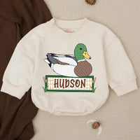 Personalized Mallard Duck Baby Romper with Custom Name Soft Cotton Outfit for Boys Hunting Season Gift Cute Patchwork Graphic Design