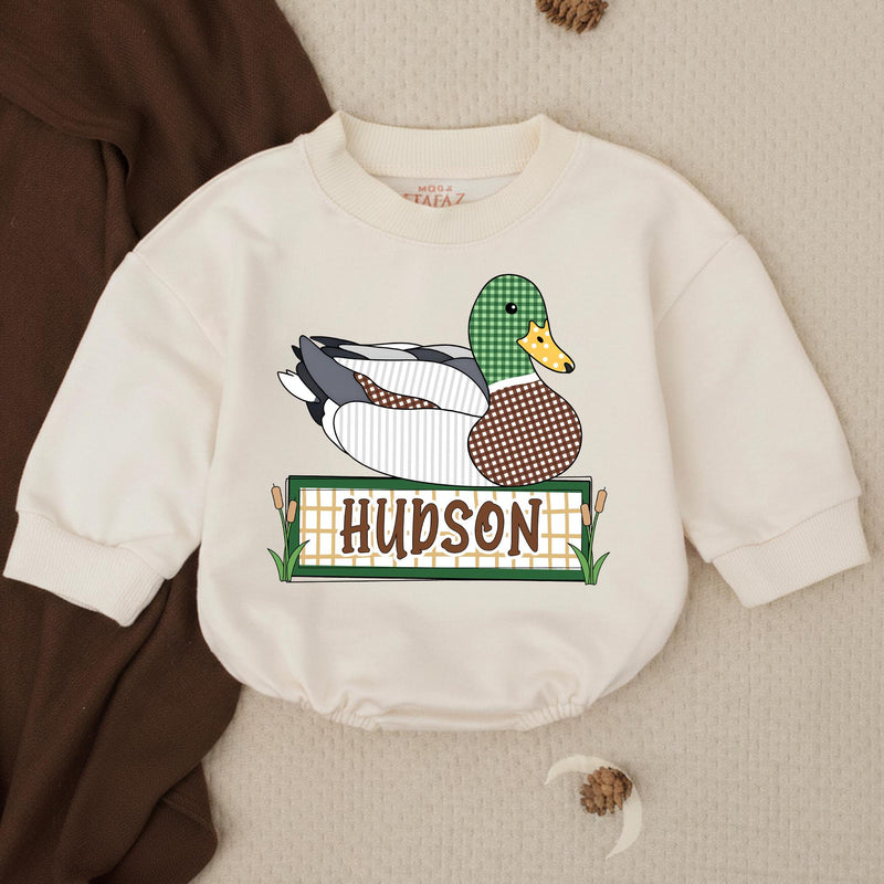 Personalized Mallard Duck Baby Romper with Custom Name Soft Cotton Outfit for Boys Hunting Season Gift Cute Patchwork Graphic Design