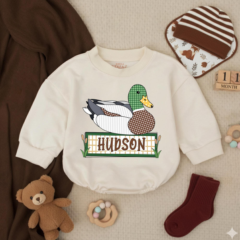 Personalized Mallard Duck Baby Romper with Custom Name Soft Cotton Outfit for Boys Hunting Season Gift Cute Patchwork Graphic Design