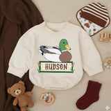 Personalized Mallard Duck Baby Romper with Custom Name Soft Cotton Outfit for Boys Hunting Season Gift Cute Patchwork Graphic Design