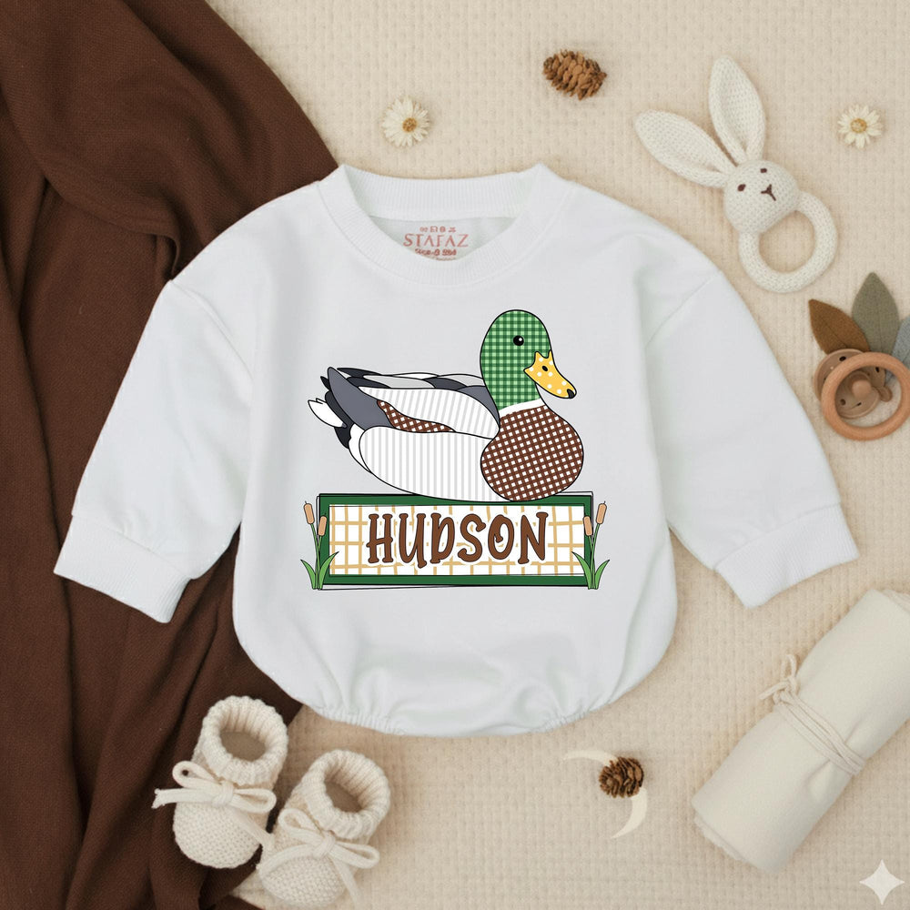 Personalized Mallard Duck Baby Romper with Custom Name Soft Cotton Outfit for Boys Hunting Season Gift Cute Patchwork Graphic Design
