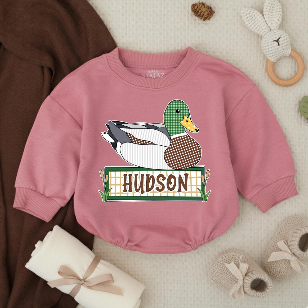 Personalized Mallard Duck Baby Romper with Custom Name Soft Cotton Outfit for Boys Hunting Season Gift Cute Patchwork Graphic Design
