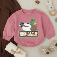 Personalized Mallard Duck Baby Romper with Custom Name Soft Cotton Outfit for Boys Hunting Season Gift Cute Patchwork Graphic Design