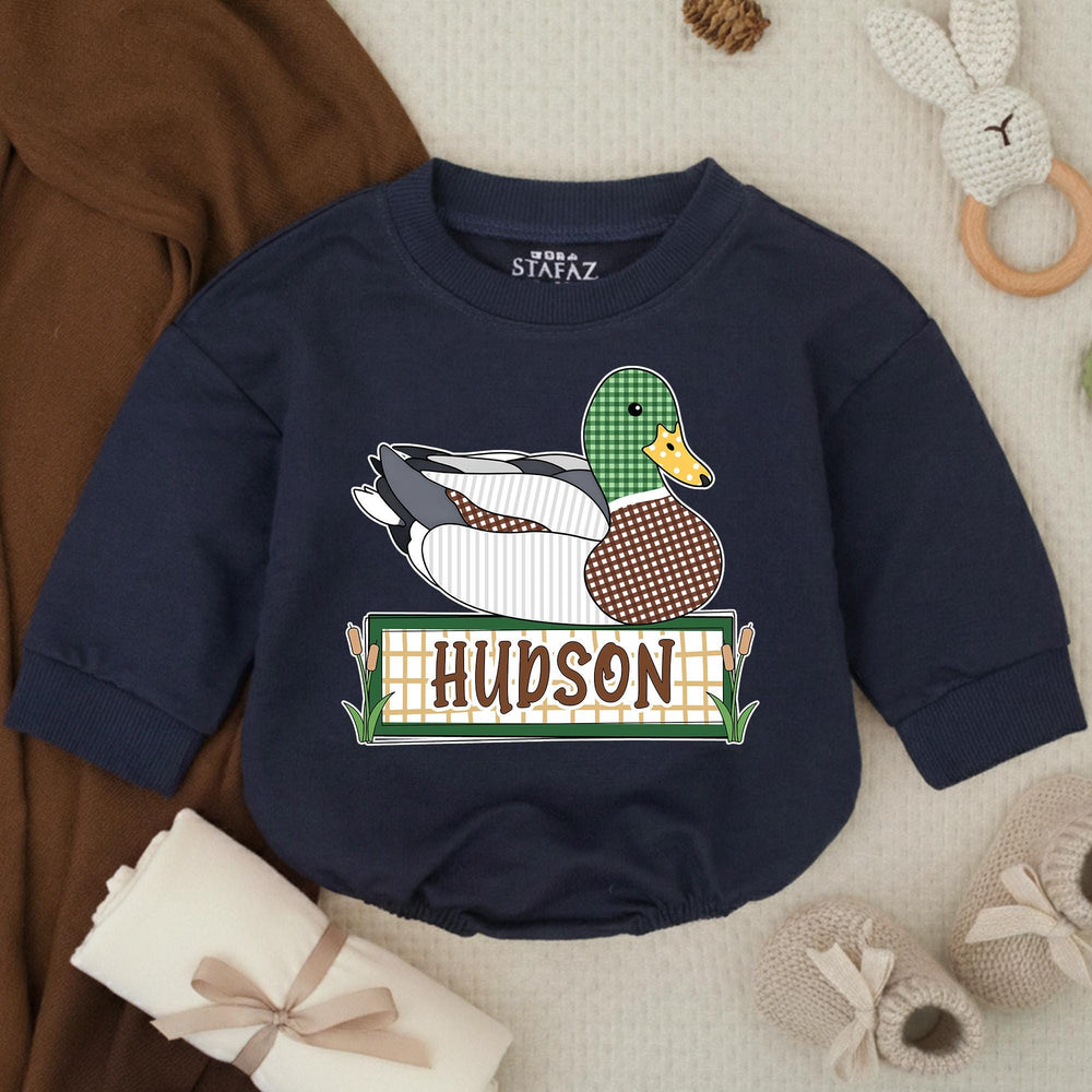 Personalized Mallard Duck Baby Romper with Custom Name Soft Cotton Outfit for Boys Hunting Season Gift Cute Patchwork Graphic Design