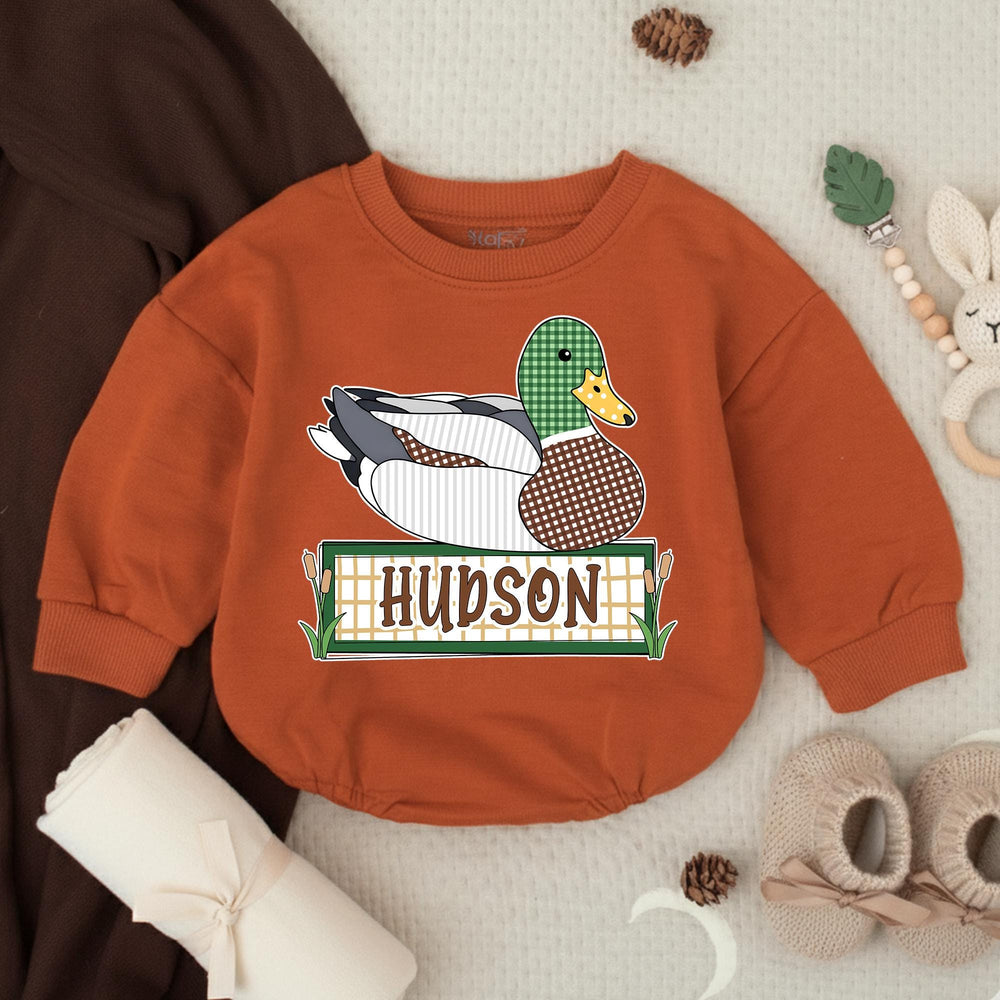 Personalized Mallard Duck Baby Romper with Custom Name Soft Cotton Outfit for Boys Hunting Season Gift Cute Patchwork Graphic Design