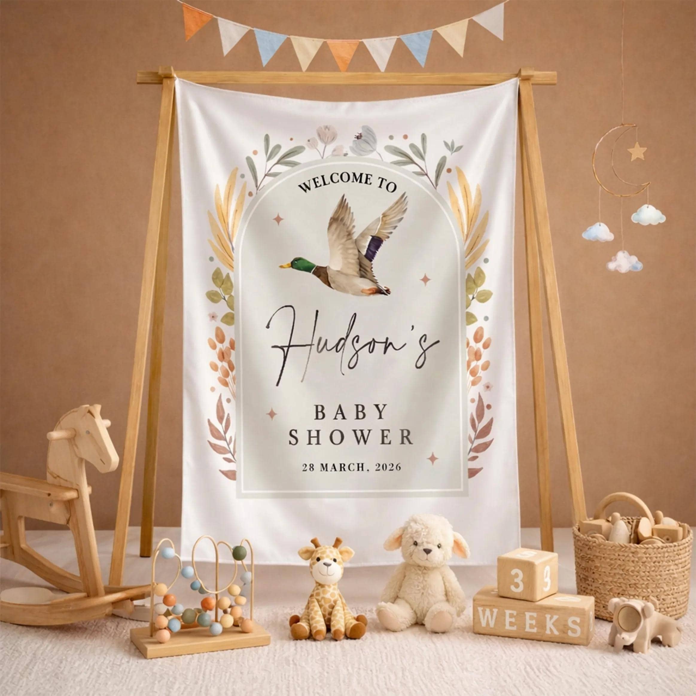 Personalized Mallard Duck Baby Shower Welcome Silk Sign with Beige Arch Banner Duck Hunting Theme Name Date Nursery Party Decor Gift