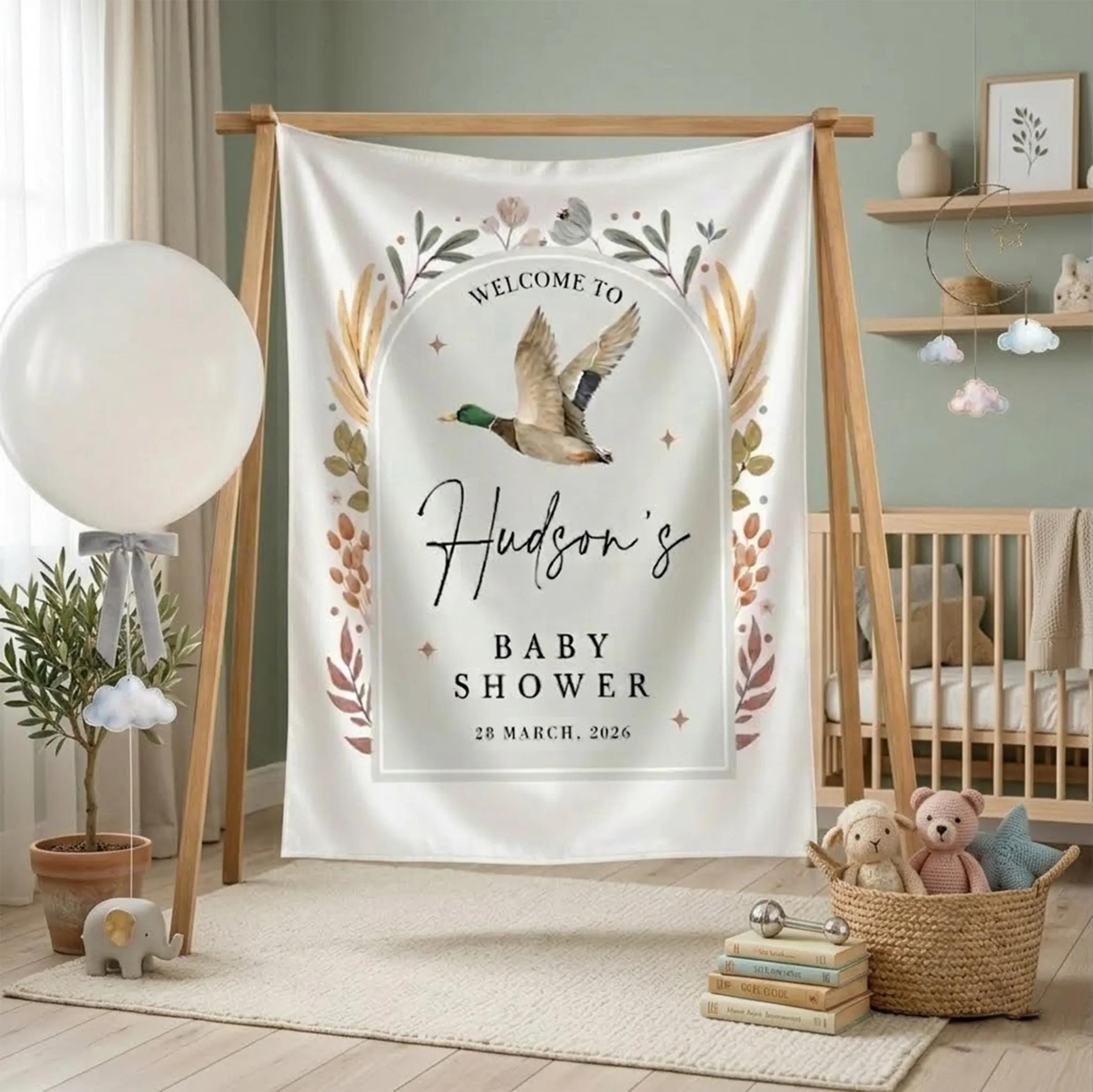 Personalized Mallard Duck Baby Shower Welcome Silk Sign with Beige Arch Banner Duck Hunting Theme Name Date Nursery Party Decor Gift