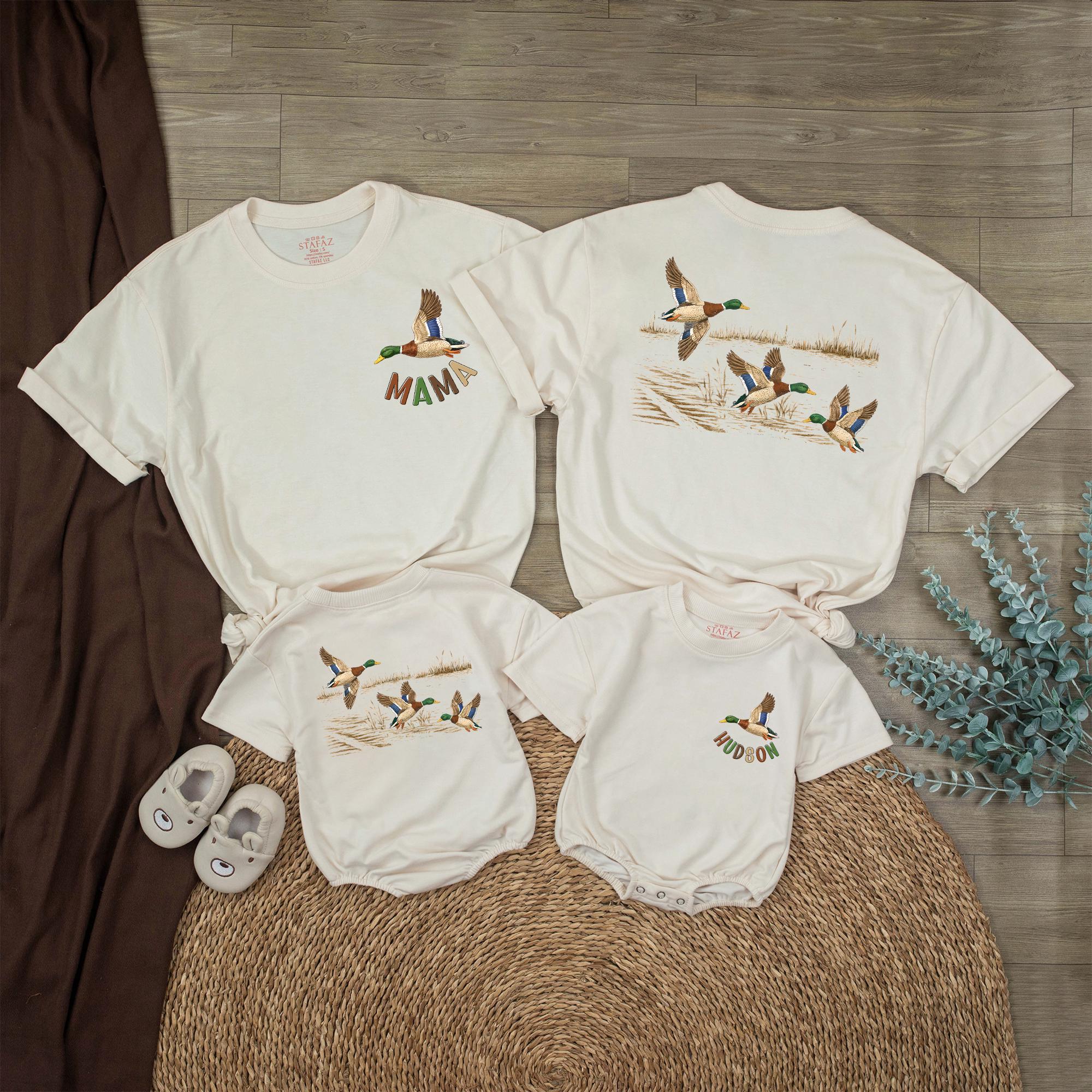 Personalized Mallard Duck Family Shirts with Custom Names, Rustic Wildlife-Inspired Dad and Baby Boy Matching Vacation Outfits