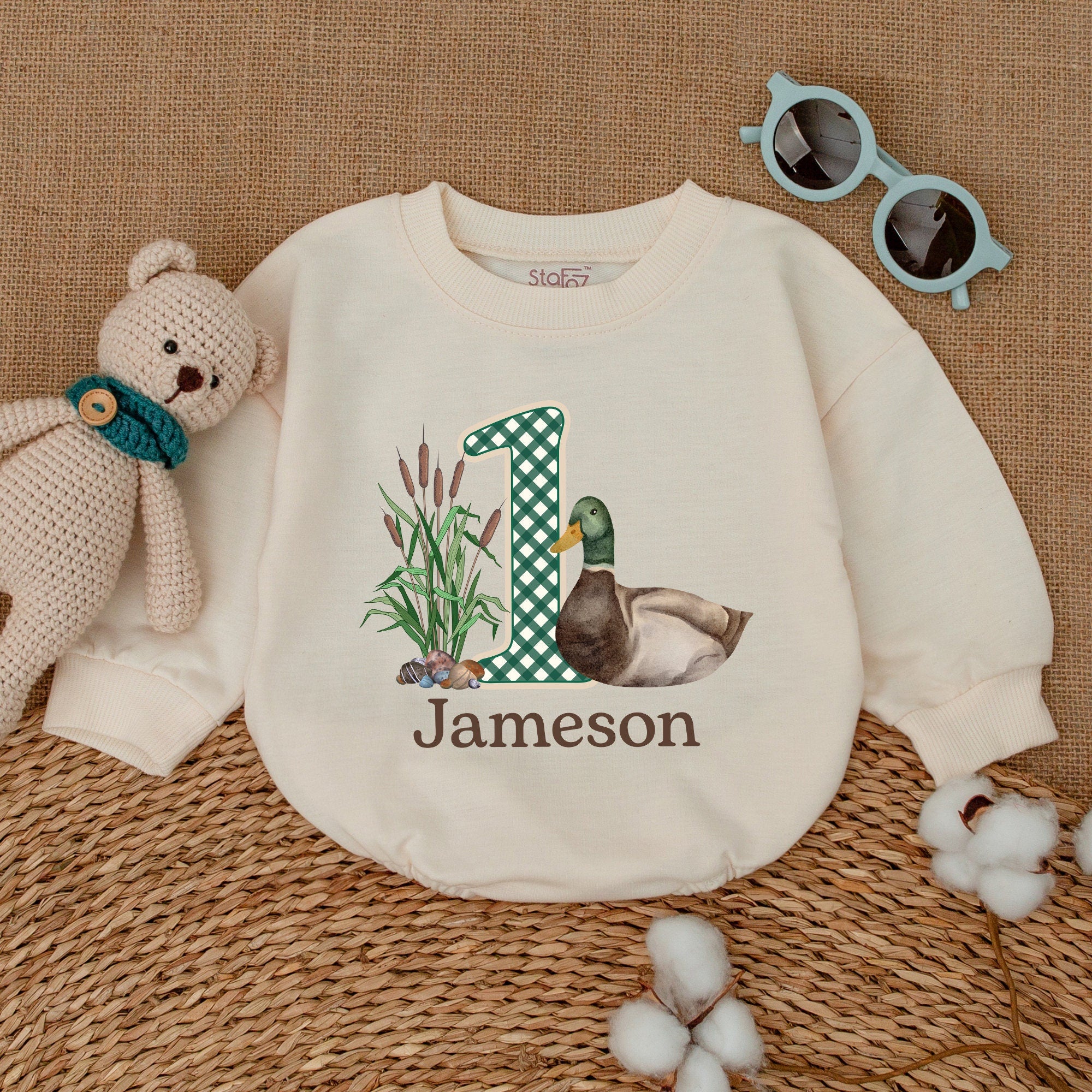 Personalized Mallard Duck First Birthday Romper for Baby Boys Custom Name Nature-Inspired Bodysuit Soft Cotton Comfortable Infant Outfit