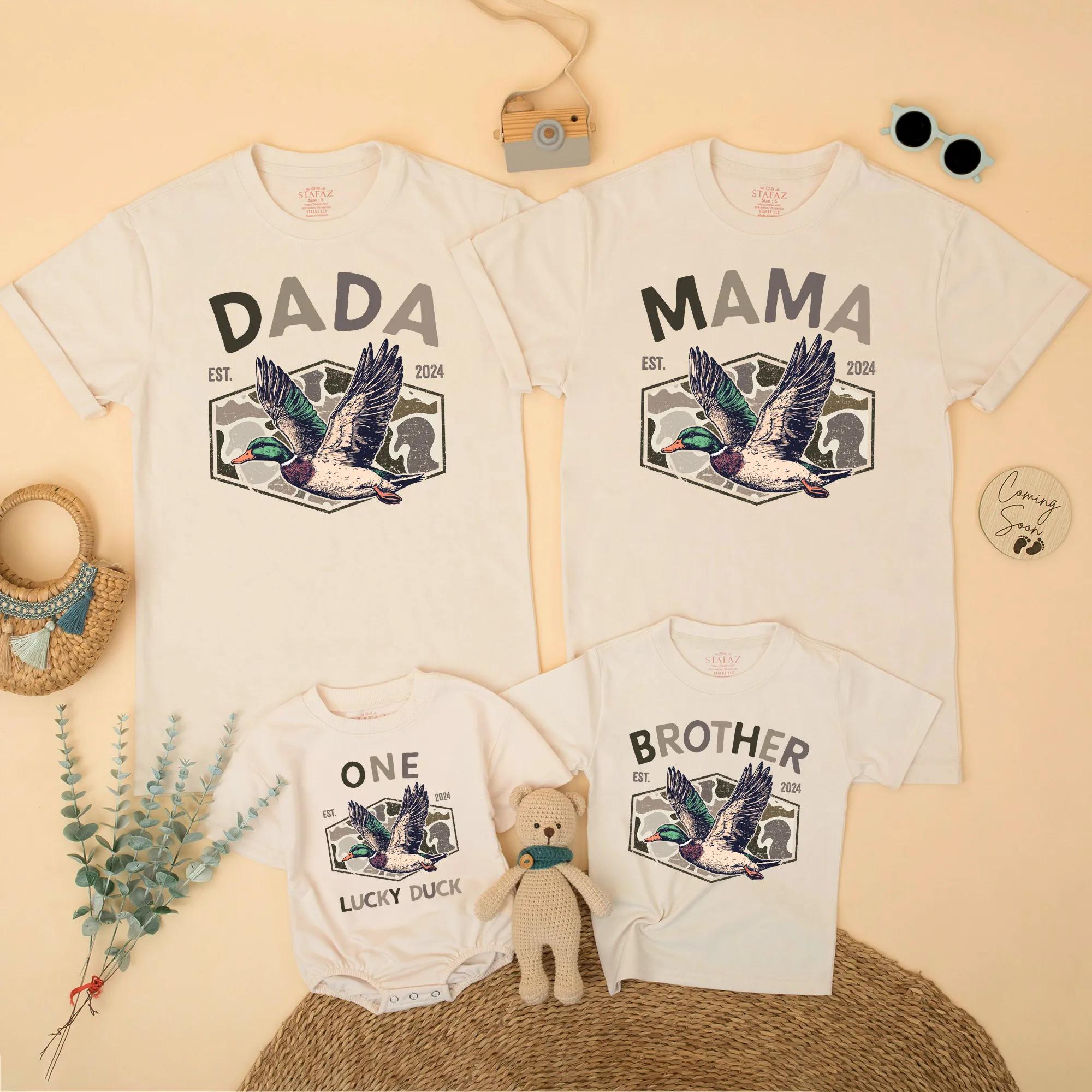 Personalized Mallard Duck Hunting Family Shirts Custom Name Birthday Outfit One Lucky Duck 1st Birthday Boy Girl Gift Cotton Design
