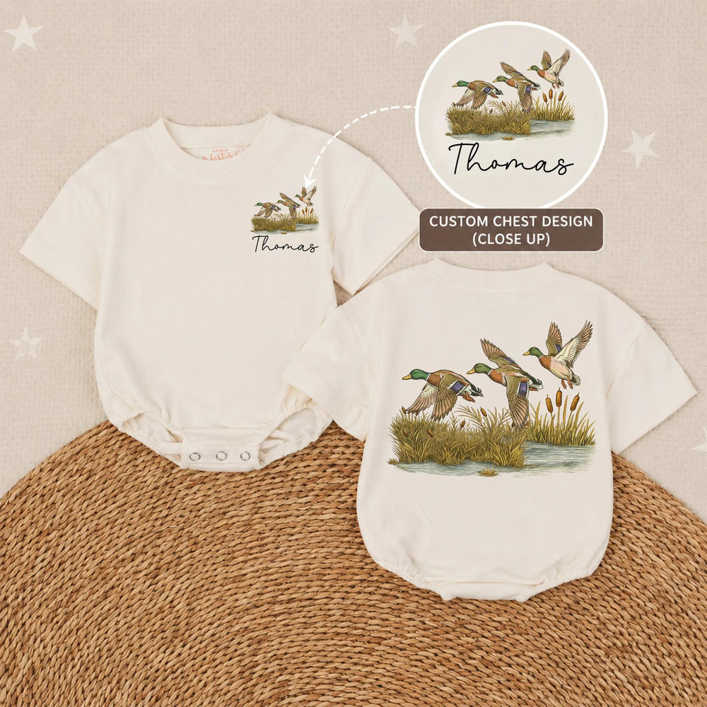 Personalized Mallard Ducks Baby Romper with Name, Watercolor Nature Design, Soft Cotton Infant Outfit for Boys or Girls, Unique Baby Gift