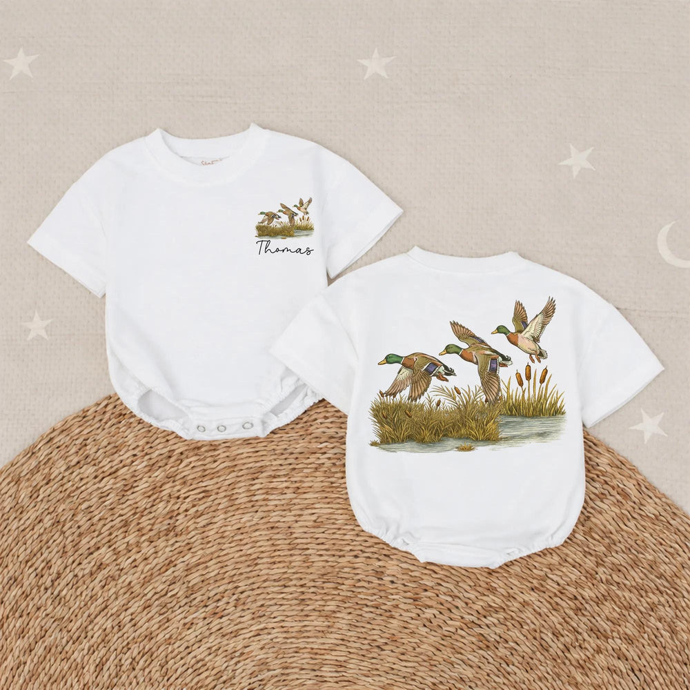 Personalized Mallard Ducks Baby Romper with Name, Watercolor Nature Design, Soft Cotton Infant Outfit for Boys or Girls, Unique Baby Gift