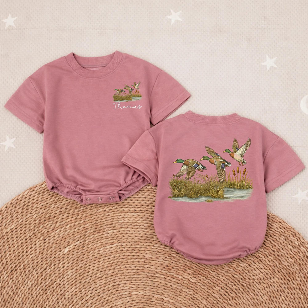 Personalized Mallard Ducks Baby Romper with Name, Watercolor Nature Design, Soft Cotton Infant Outfit for Boys or Girls, Unique Baby Gift