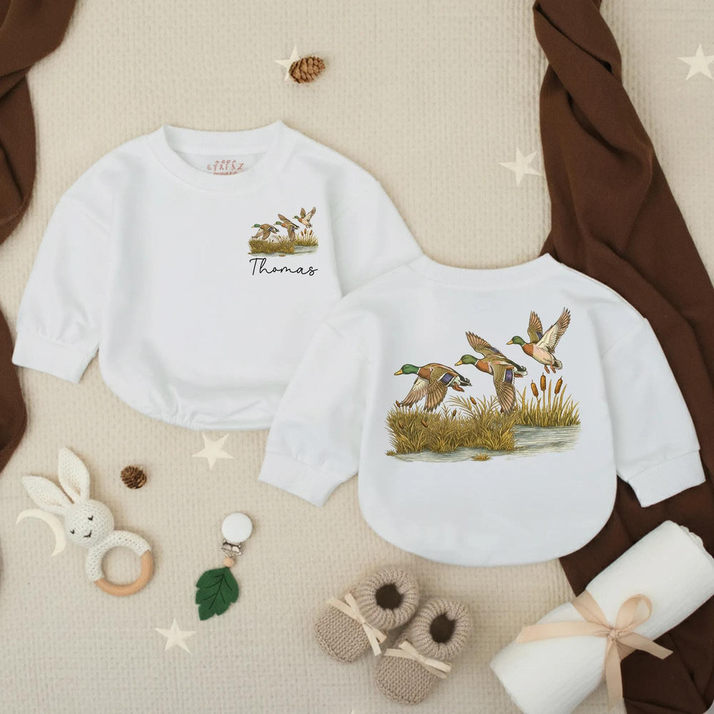 Personalized Mallard Ducks Baby Romper with Name, Watercolor Nature Design, Soft Cotton Infant Outfit for Boys or Girls, Unique Baby Gift